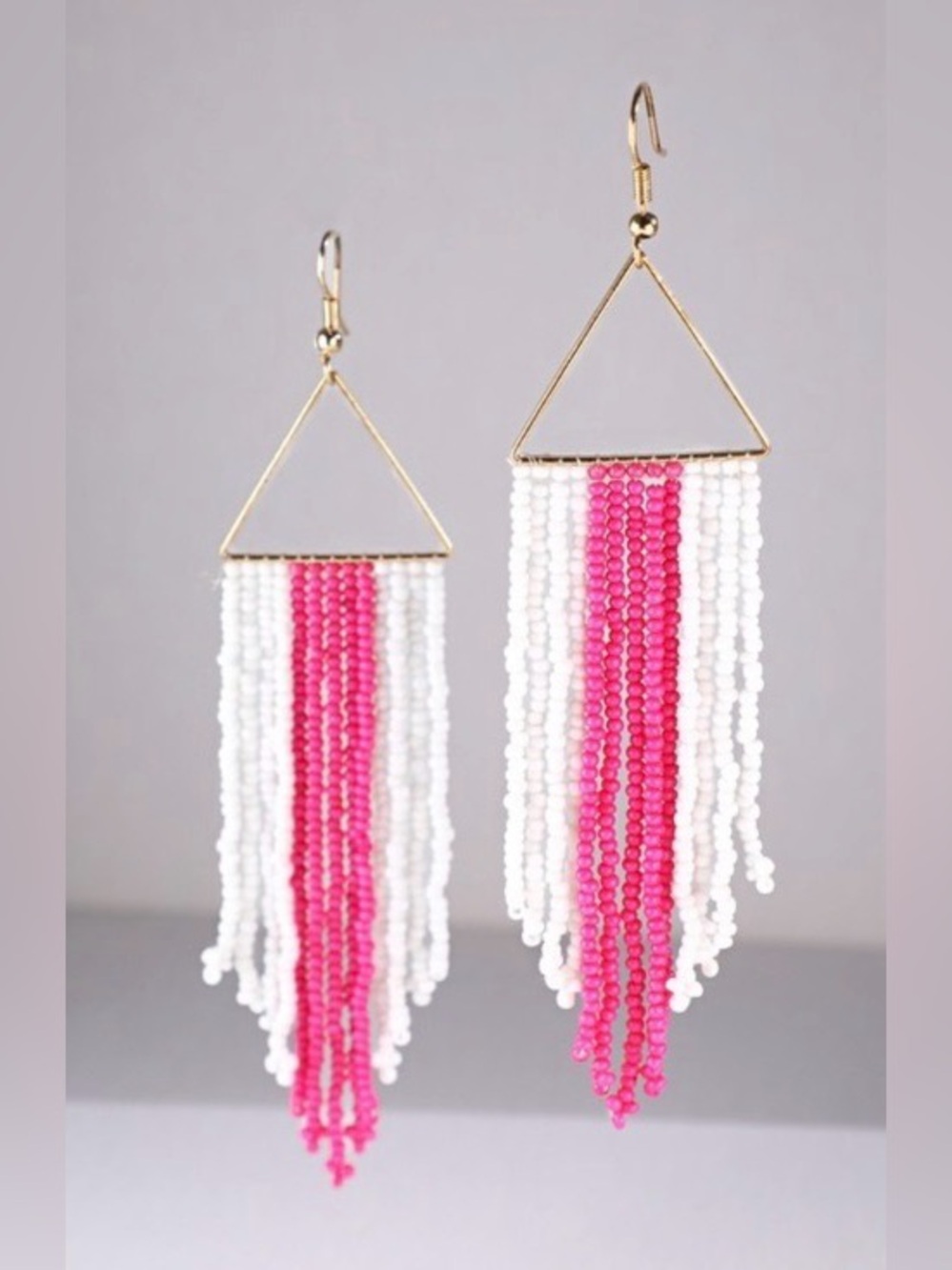 Seed bead striped fringe earrings fuchsia and white